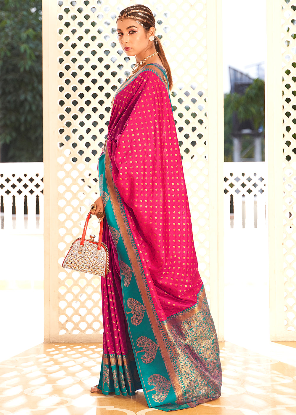 Barbie Pink Soft Banarasi Paithani Silk Saree Enhanced with Copper Zari & Contrast Pallu