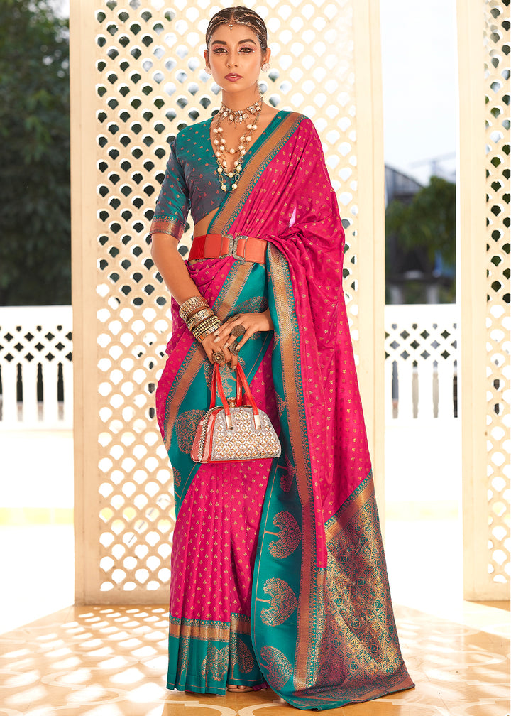 Barbie Pink Soft Banarasi Paithani Silk Saree Enhanced with Copper Zari & Contrast Pallu