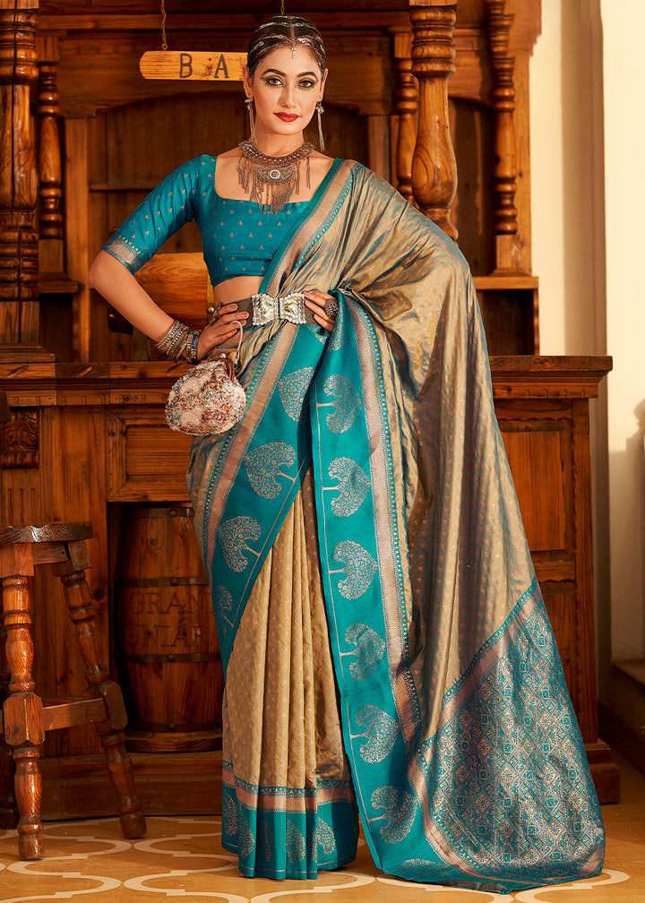 Sand Brown Soft Banarasi Paithani Silk Saree Enhanced with Copper Zari & Contrast Pallu