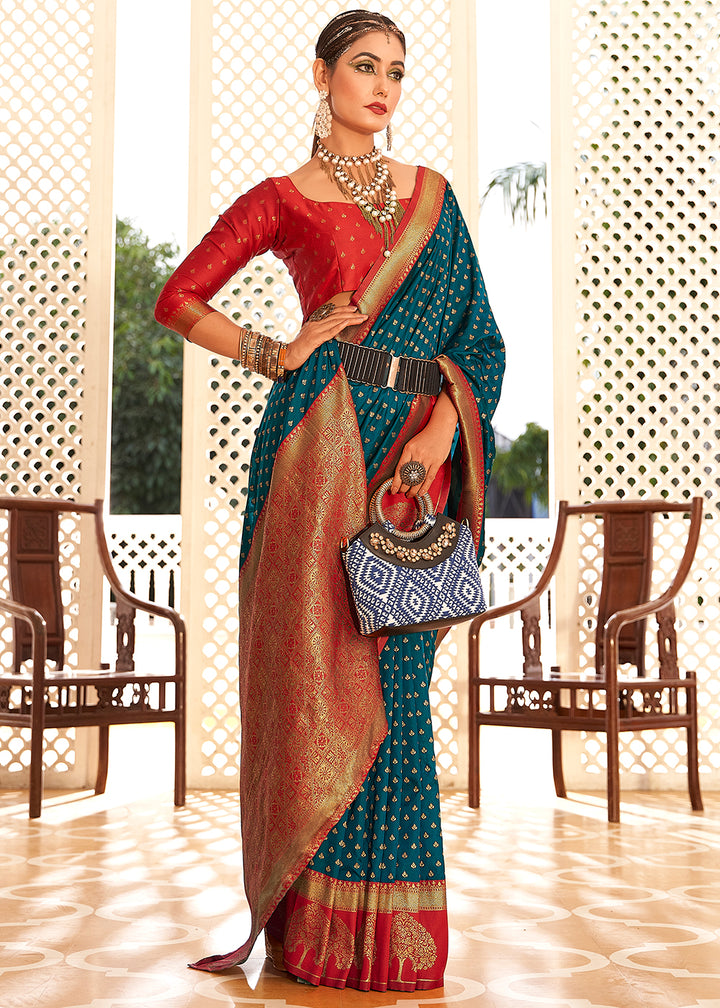 Cobalt Blue Soft Banarasi Paithani Silk Saree Enhanced with Copper Zari & Contrast Pallu