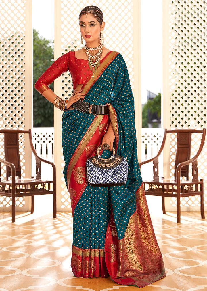 Cobalt Blue Soft Banarasi Paithani Silk Saree Enhanced with Copper Zari & Contrast Pallu