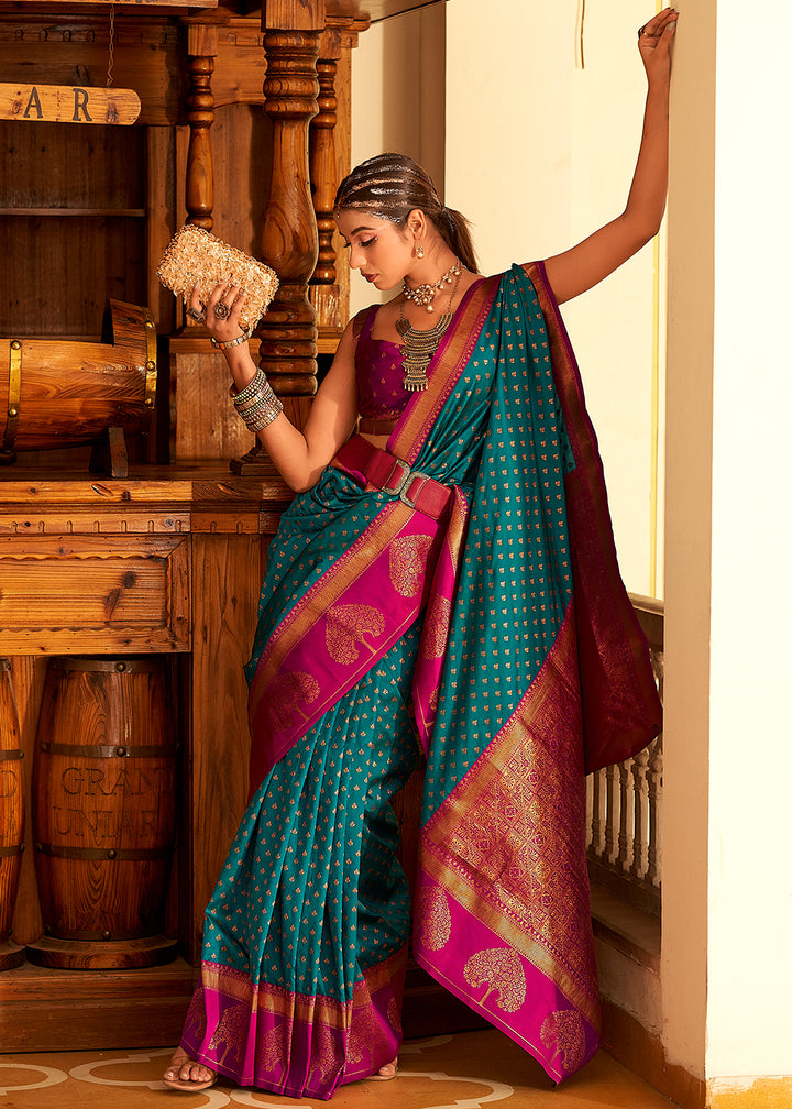 Imperial Blue Soft Banarasi Paithani Silk Saree Enhanced with Copper Zari & Contrast Pallu