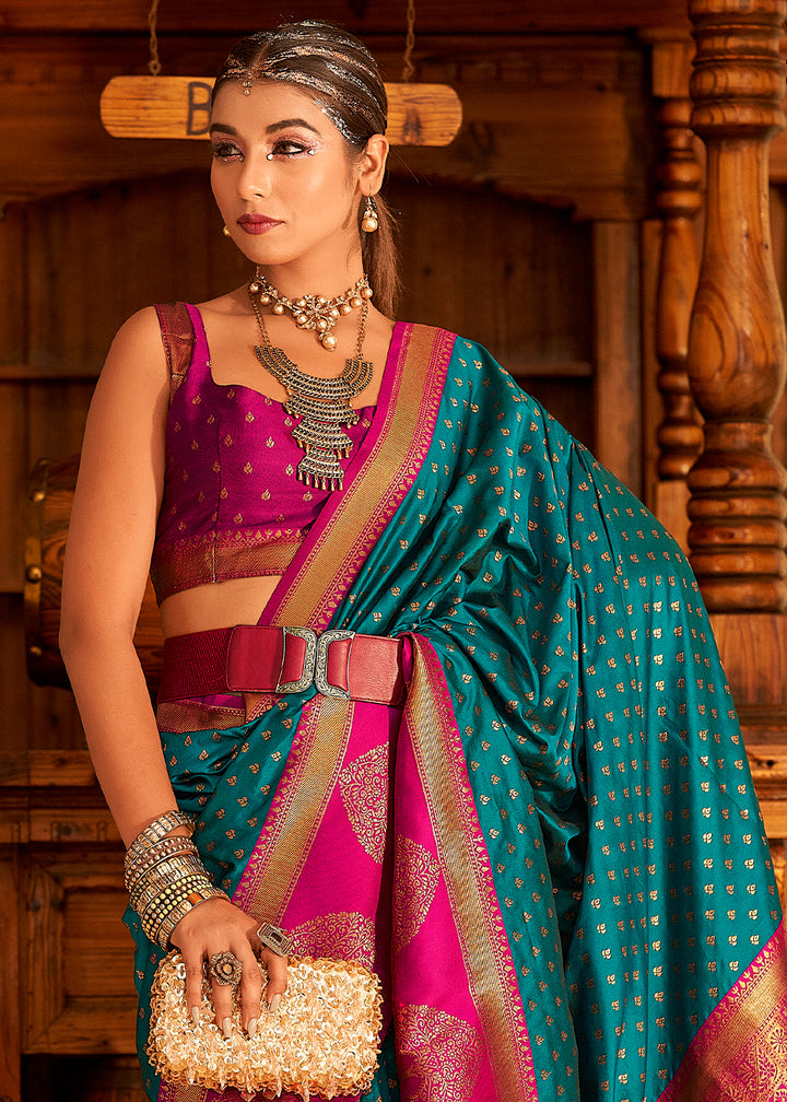 Imperial Blue Soft Banarasi Paithani Silk Saree Enhanced with Copper Zari & Contrast Pallu