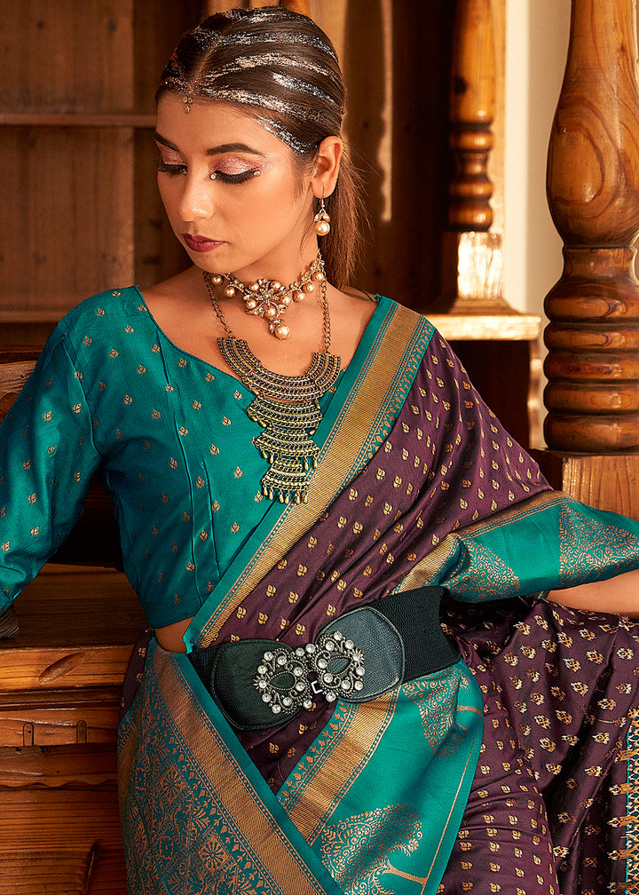 Aubergine Purple Soft Banarasi Paithani Silk Saree Enhanced with Copper Zari & Contrast Pallu