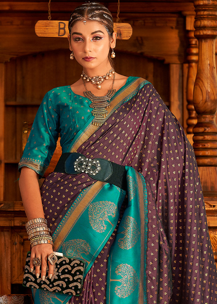 Aubergine Purple Soft Banarasi Paithani Silk Saree Enhanced with Copper Zari & Contrast Pallu