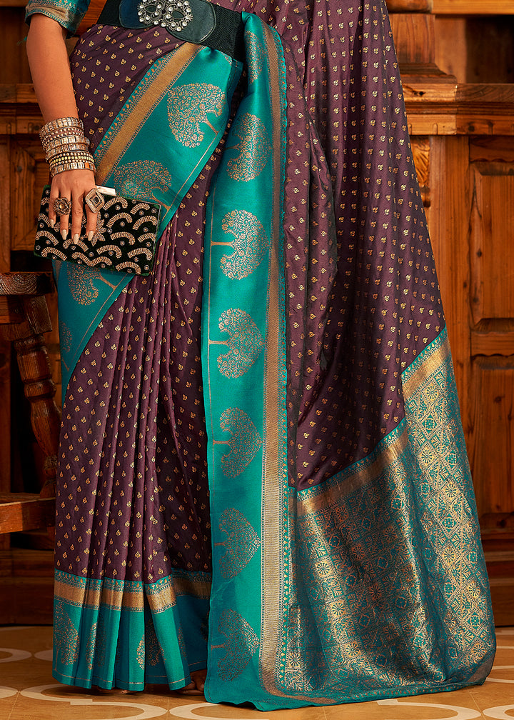 Aubergine Purple Soft Banarasi Paithani Silk Saree Enhanced with Copper Zari & Contrast Pallu