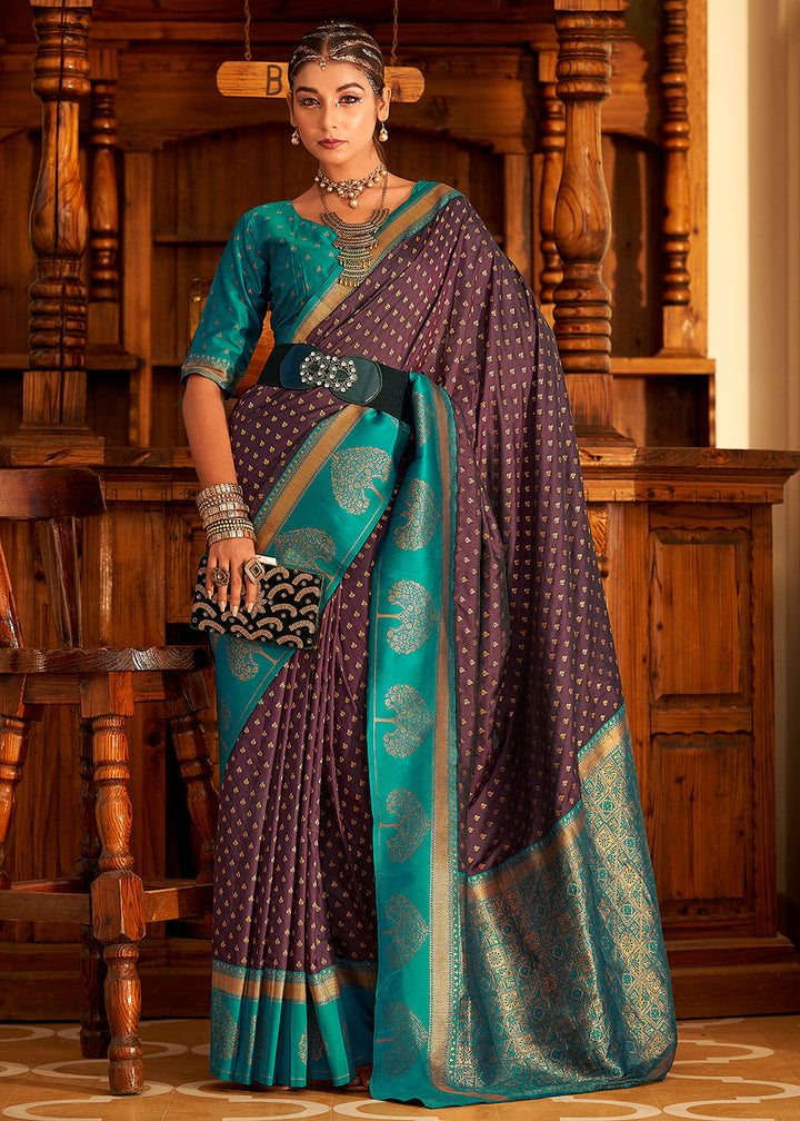 Aubergine Purple Soft Banarasi Paithani Silk Saree Enhanced with Copper Zari & Contrast Pallu