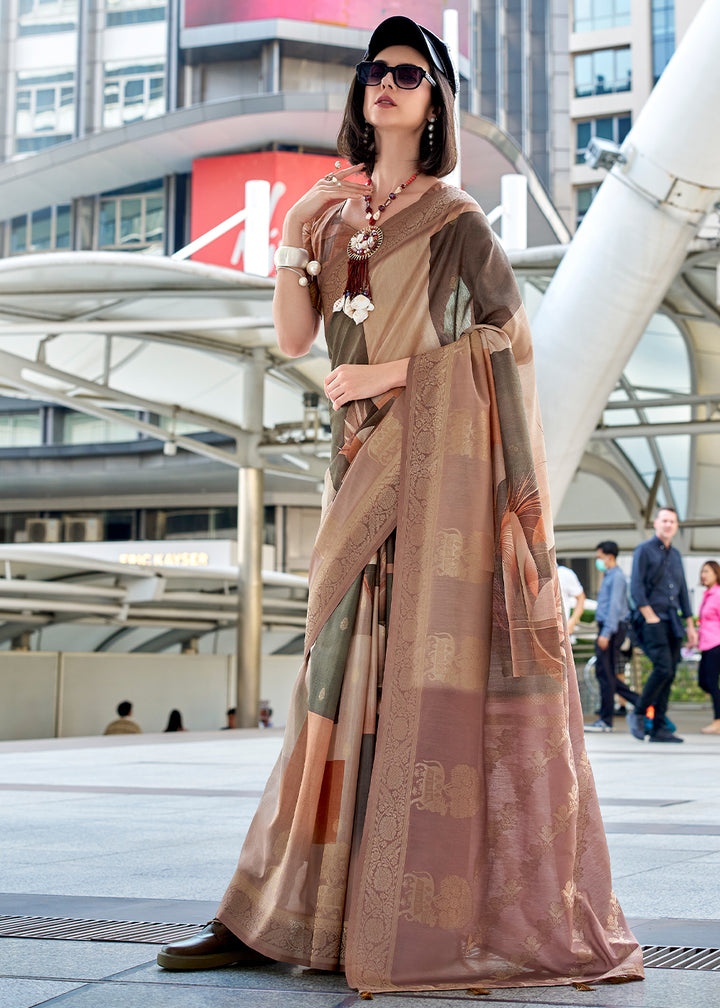 Shades of Brown Pichwai Digital Print Saree in Handloom Modal Silk with Zari Weaving