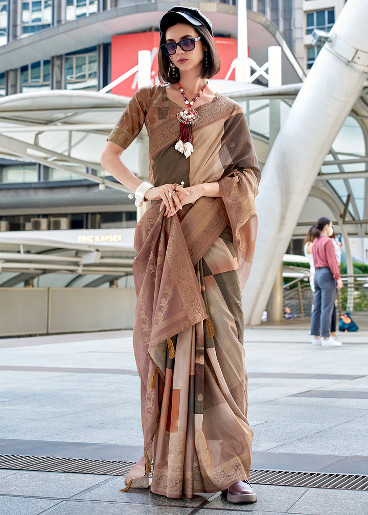 Shades of Brown Pichwai Digital Print Saree in Handloom Modal Silk with Zari Weaving