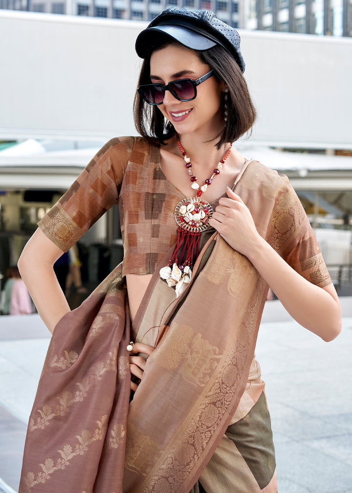 Shades of Brown Pichwai Digital Print Saree in Handloom Modal Silk with Zari Weaving