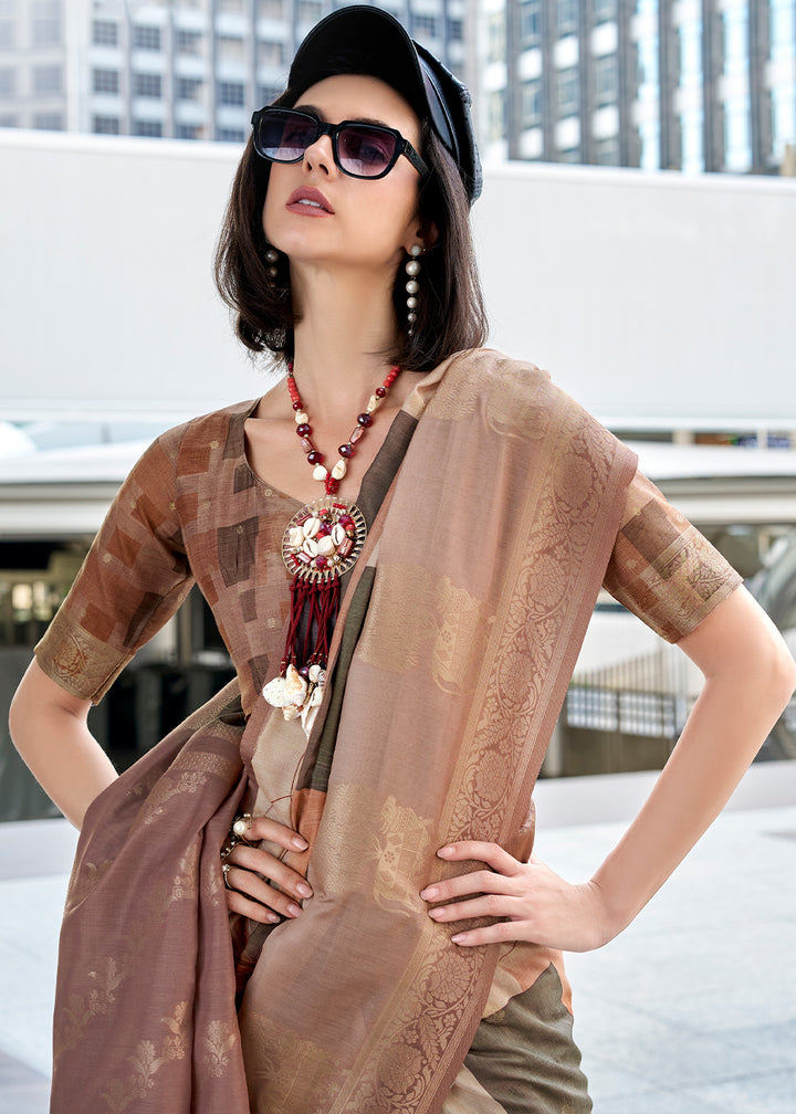 Shades of Brown Pichwai Digital Print Saree in Handloom Modal Silk with Zari Weaving