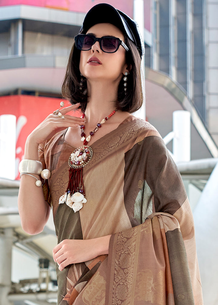 Shades of Brown Pichwai Digital Print Saree in Handloom Modal Silk with Zari Weaving