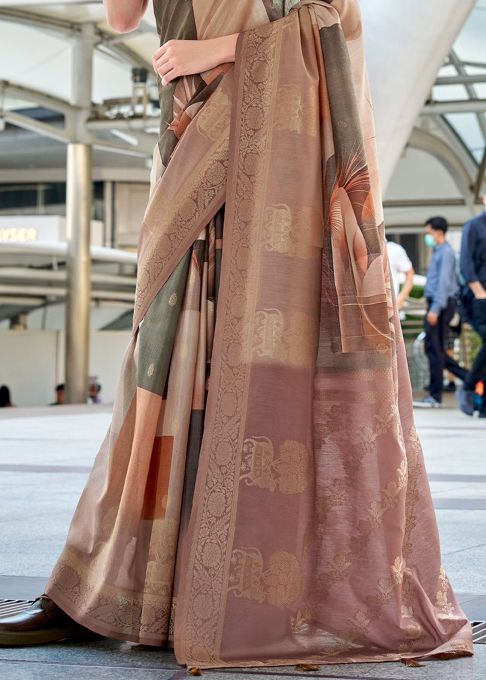 Shades of Brown Pichwai Digital Print Saree in Handloom Modal Silk with Zari Weaving