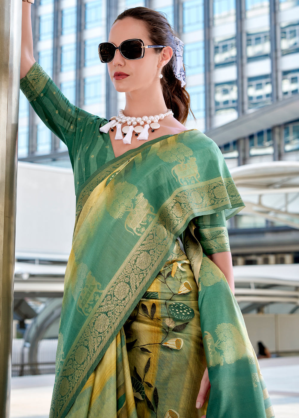 Shades of Green Pichwai Digital Print Saree in Handloom Modal Silk with Zari Weaving