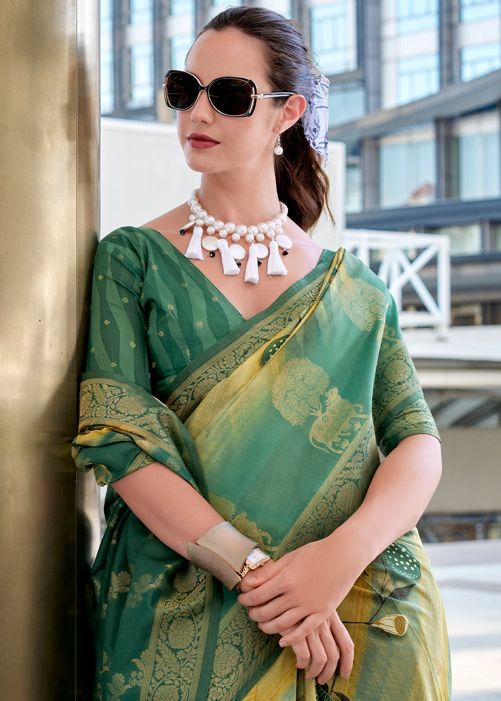 Shades of Green Pichwai Digital Print Saree in Handloom Modal Silk with Zari Weaving