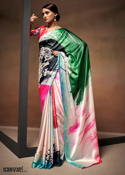 White and Green Abstract Printed Satin Crepe Saree