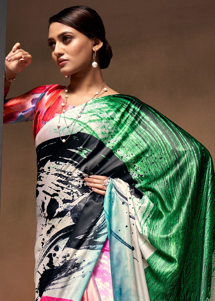 White and Green Abstract Printed Satin Crepe Saree
