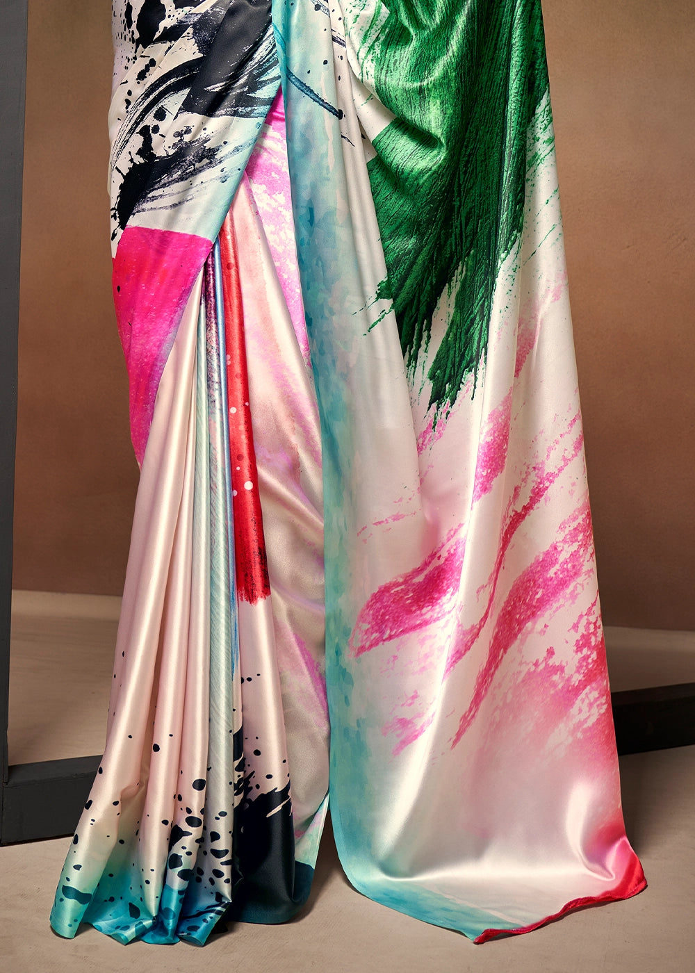 White and Green Abstract Printed Satin Crepe Saree