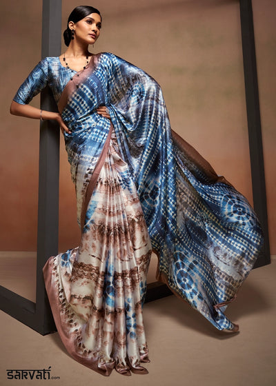 Brown & Blue Abstract Printed Satin Crepe Saree
