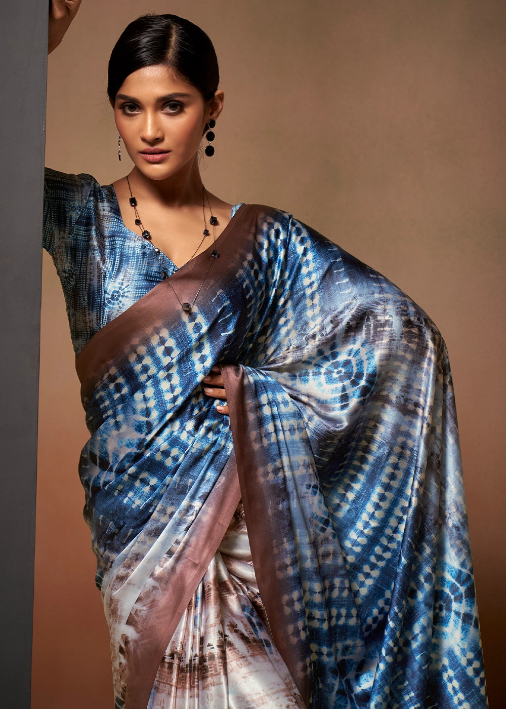Brown & Blue Abstract Printed Satin Crepe Saree