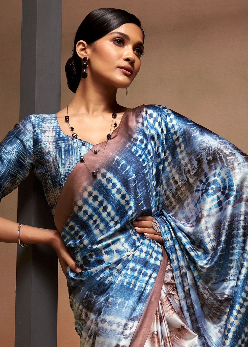 Brown & Blue Abstract Printed Satin Crepe Saree