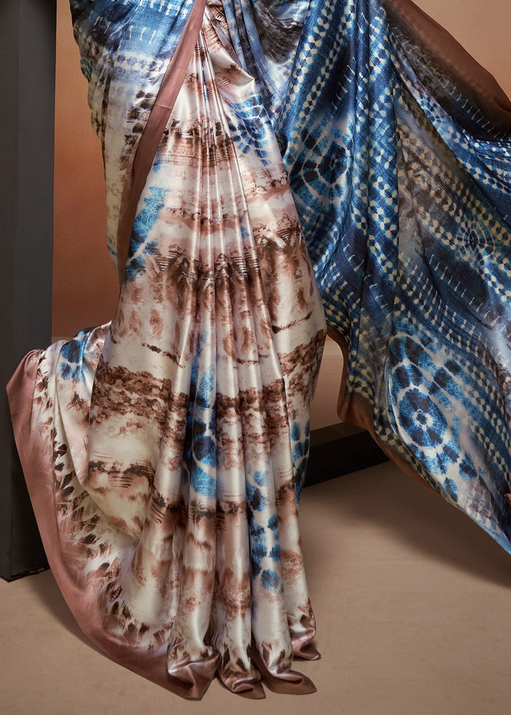 Brown & Blue Abstract Printed Satin Crepe Saree