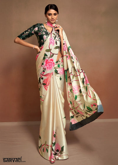 Cream White Abstract Printed Satin Crepe Saree