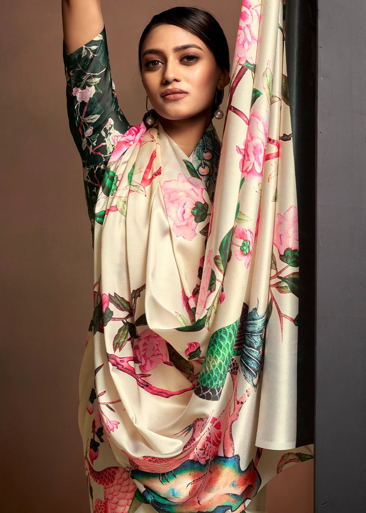 Cream White Abstract Printed Satin Crepe Saree