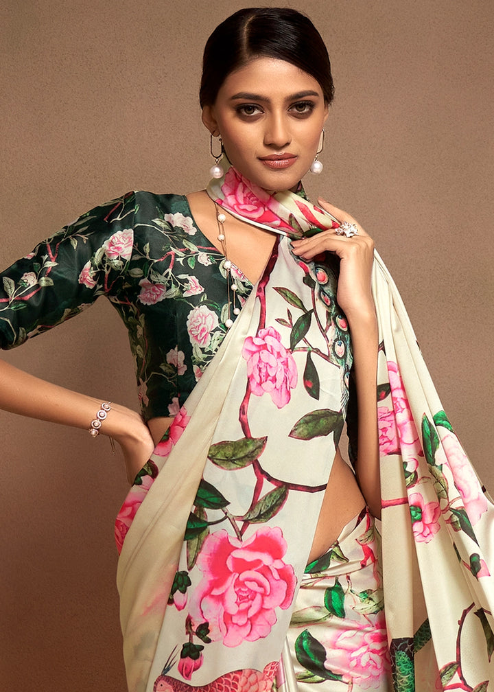 Cream White Abstract Printed Satin Crepe Saree