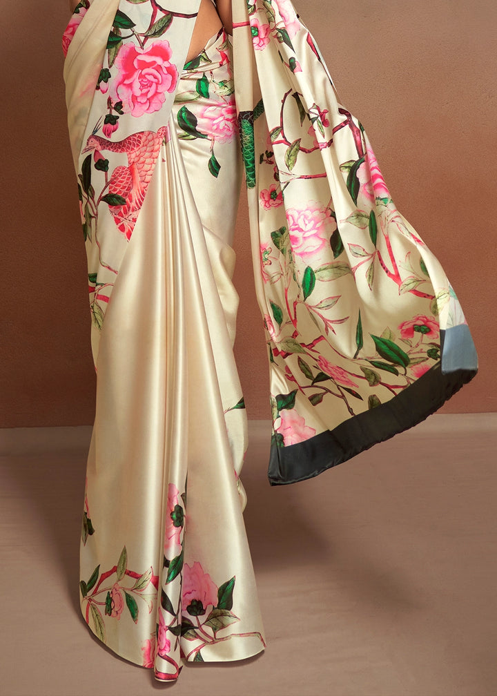 Cream White Abstract Printed Satin Crepe Saree