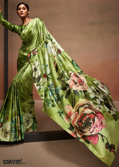 Pear Green Abstract Printed Satin Crepe Saree