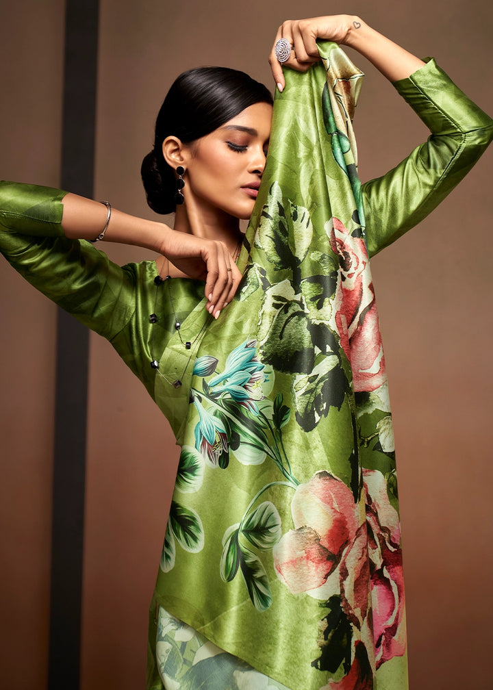 Pear Green Abstract Printed Satin Crepe Saree