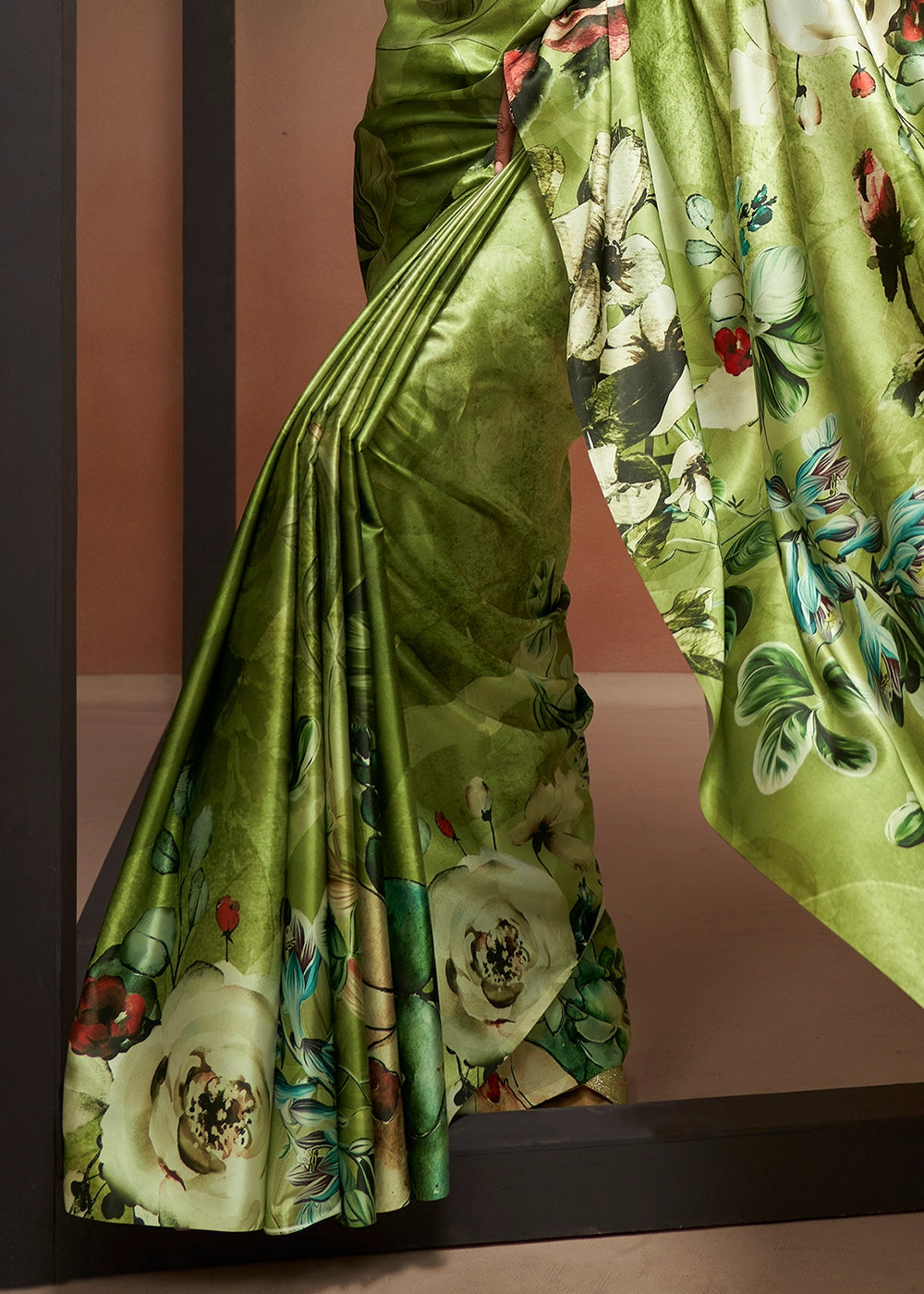 Pear Green Abstract Printed Satin Crepe Saree