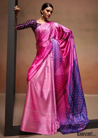 Tones Of Pink Abstract Printed Satin Crepe Saree