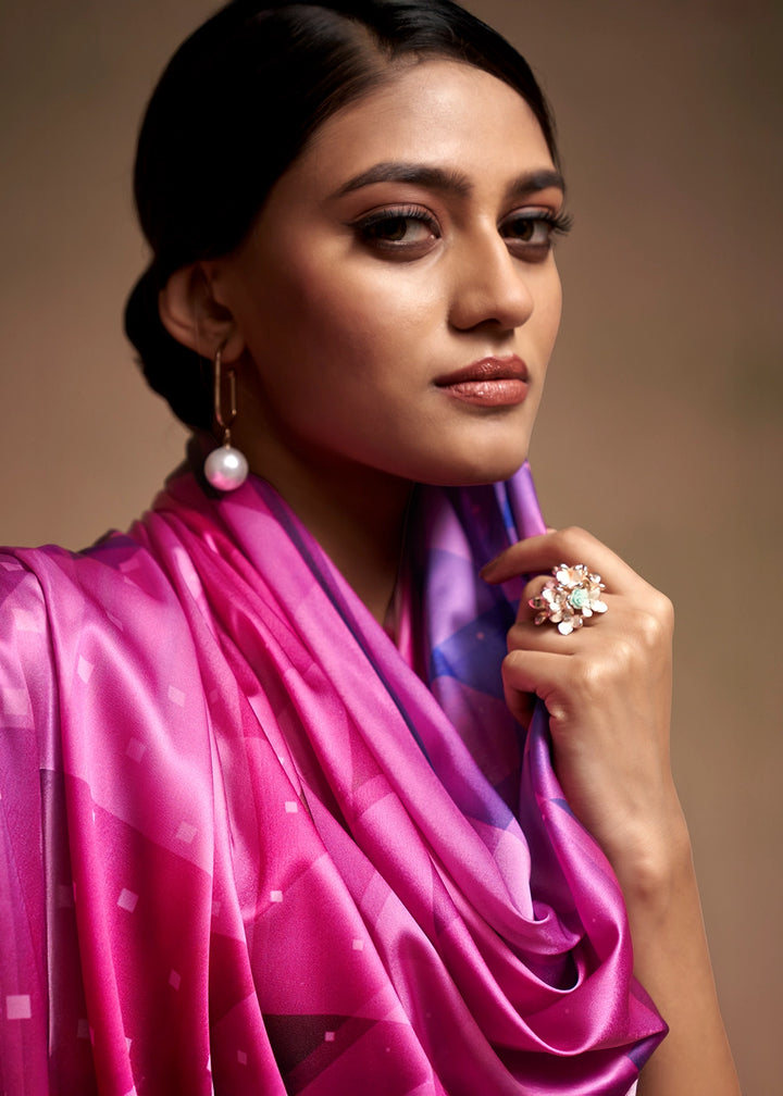 Tones Of Pink Abstract Printed Satin Crepe Saree