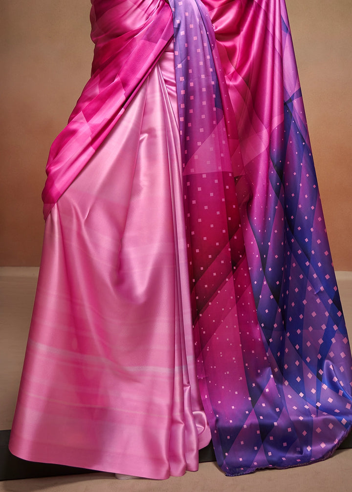 Tones Of Pink Abstract Printed Satin Crepe Saree