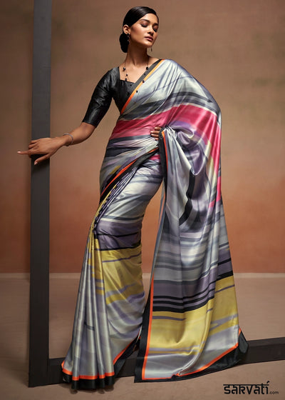 Tones Of Grey Abstract Printed Satin Crepe Saree