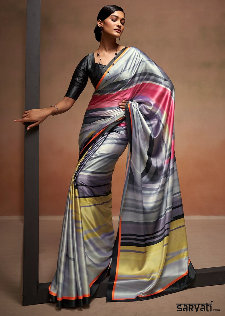 Tones Of Grey Abstract Printed Satin Crepe Saree