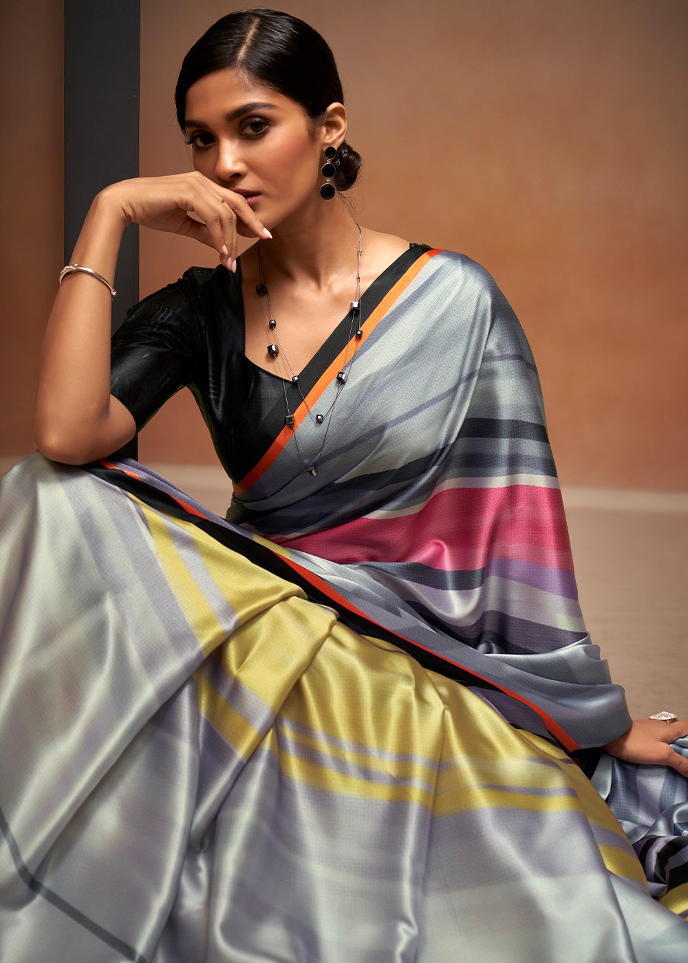 Tones Of Grey Abstract Printed Satin Crepe Saree