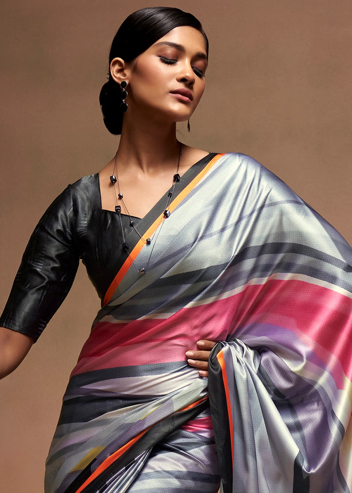 Tones Of Grey Abstract Printed Satin Crepe Saree