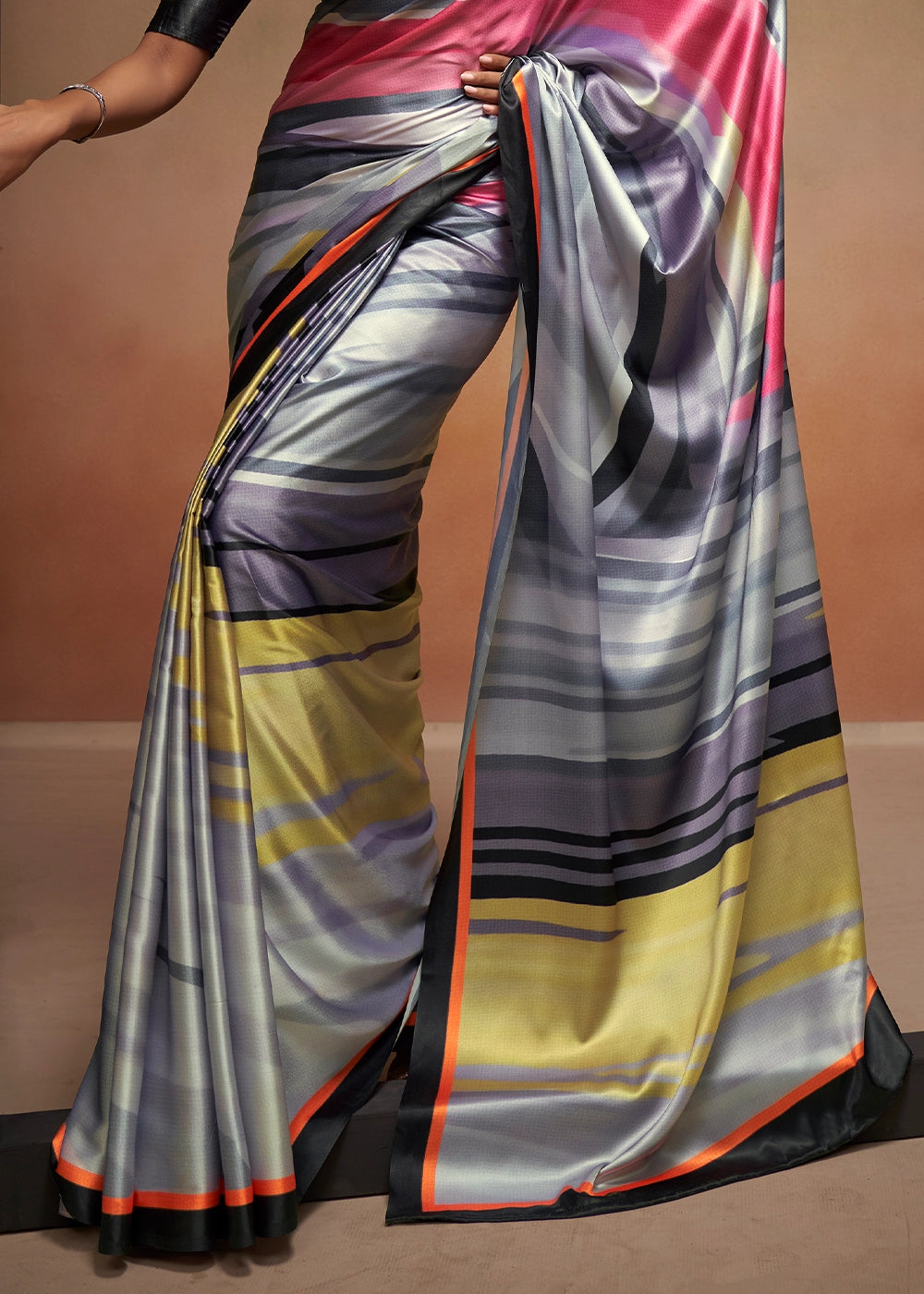 Tones Of Grey Abstract Printed Satin Crepe Saree