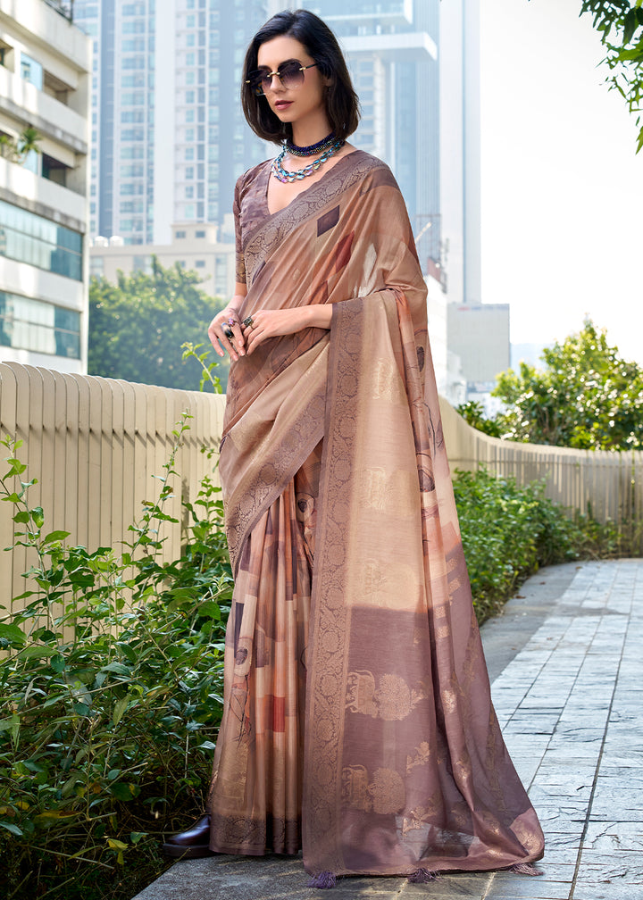 Shades of Brown Pichwai Digital Print Saree in Handloom Modal Silk with Zari Weaving