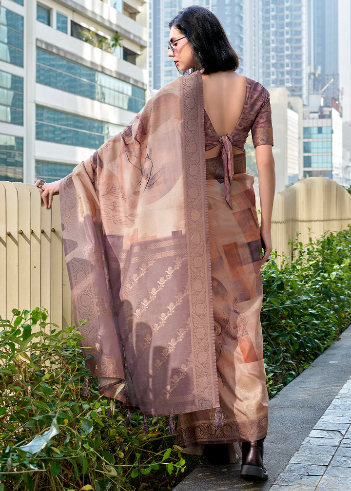 Shades of Brown Pichwai Digital Print Saree in Handloom Modal Silk with Zari Weaving