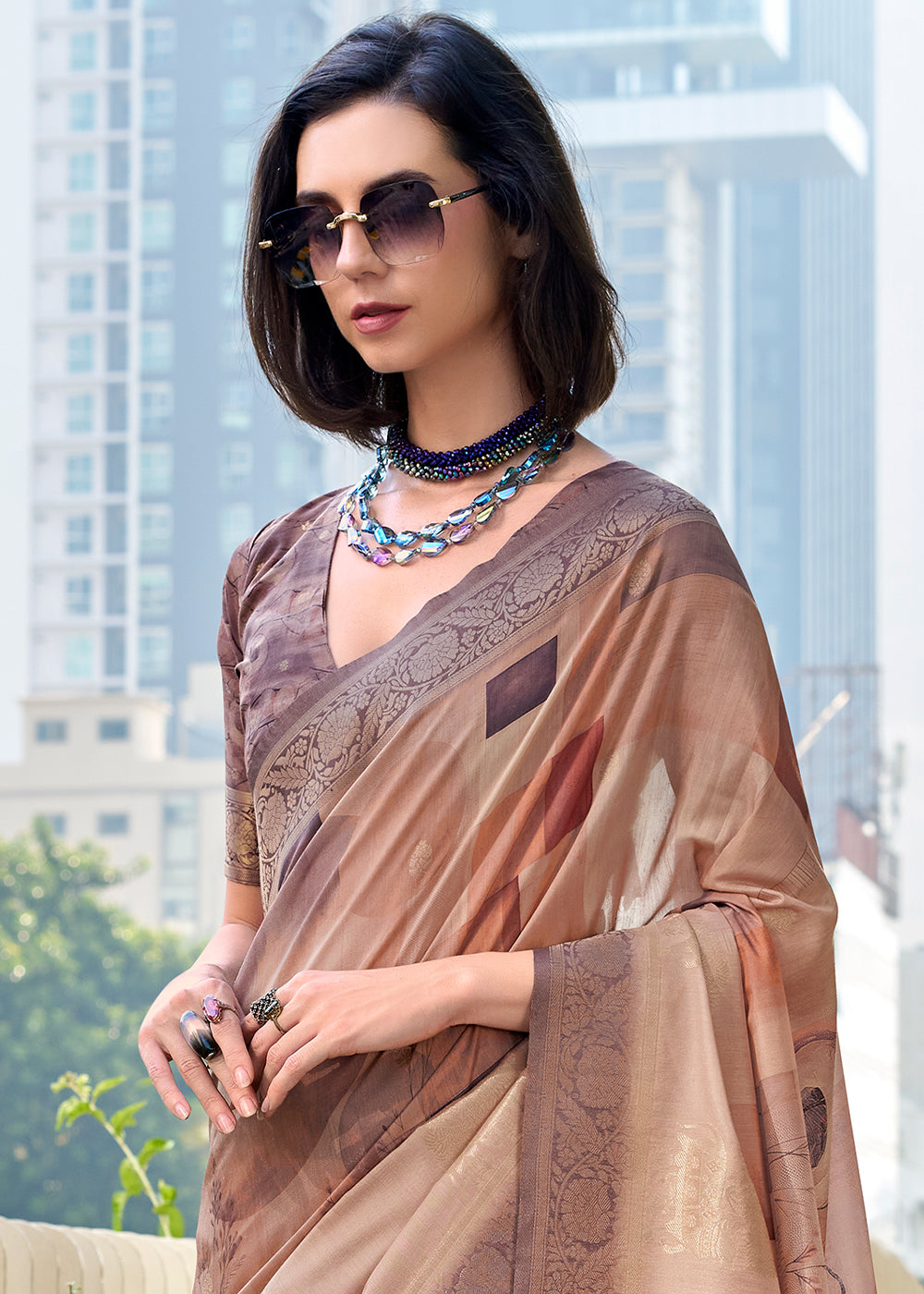 Shades of Brown Pichwai Digital Print Saree in Handloom Modal Silk with Zari Weaving