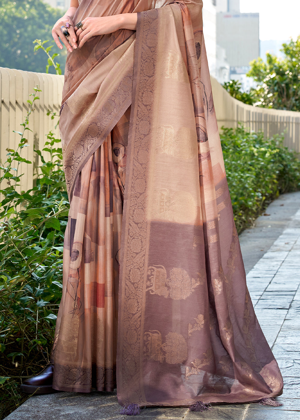 Shades of Brown Pichwai Digital Print Saree in Handloom Modal Silk with Zari Weaving