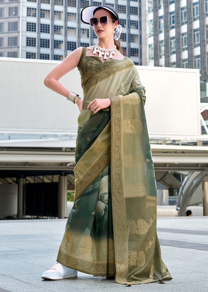 Shades of Green Pichwai Digital Print Saree in Handloom Modal Silk with Zari Weaving