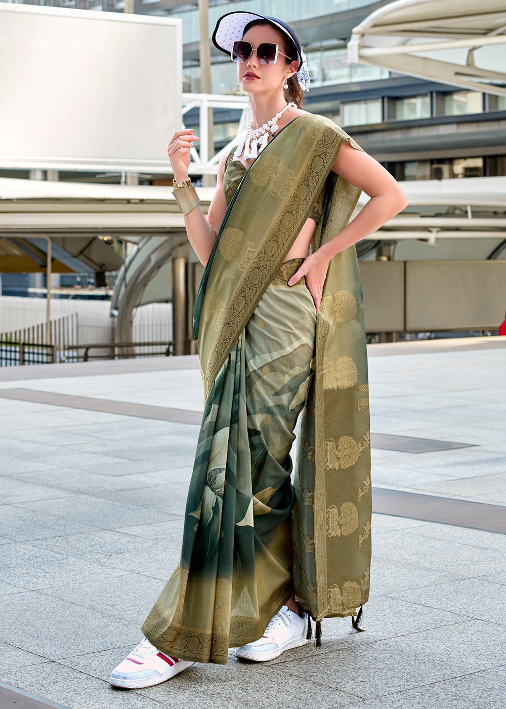 Shades of Green Pichwai Digital Print Saree in Handloom Modal Silk with Zari Weaving