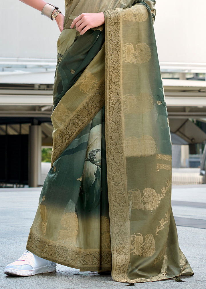 Shades of Green Pichwai Digital Print Saree in Handloom Modal Silk with Zari Weaving