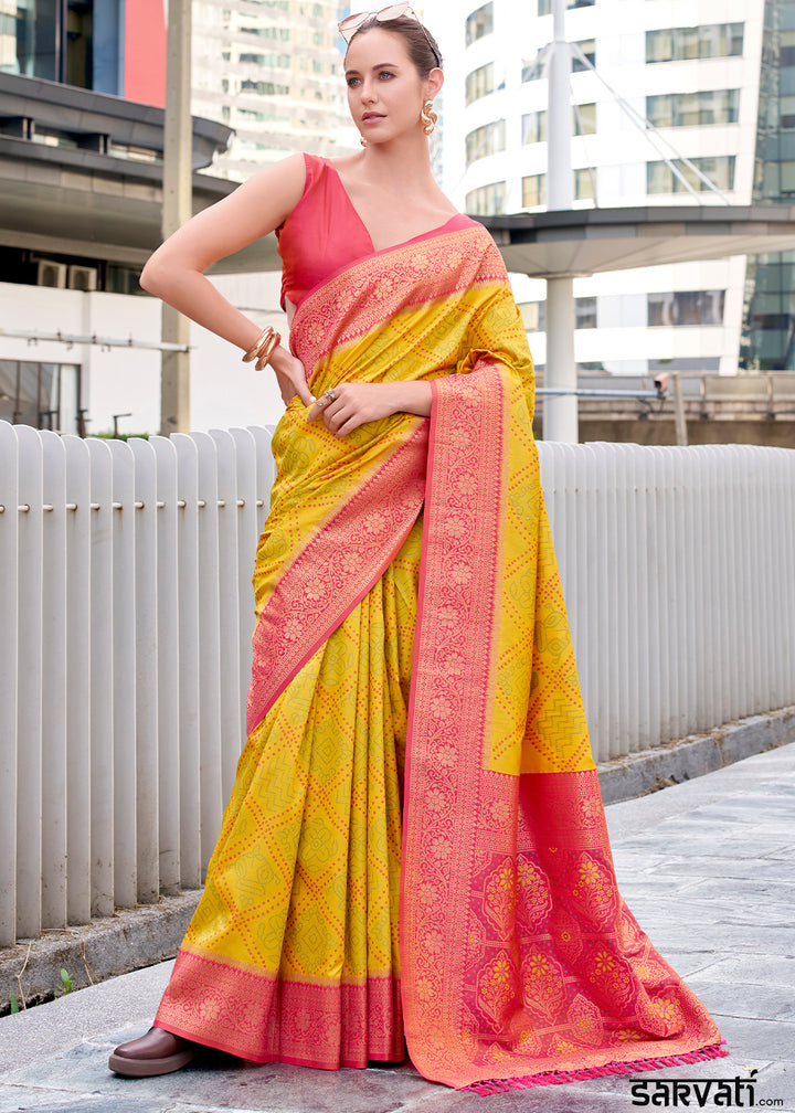 Yellow & Pink Festive Soft Silk Saree with Intricate Bandhani Weave
