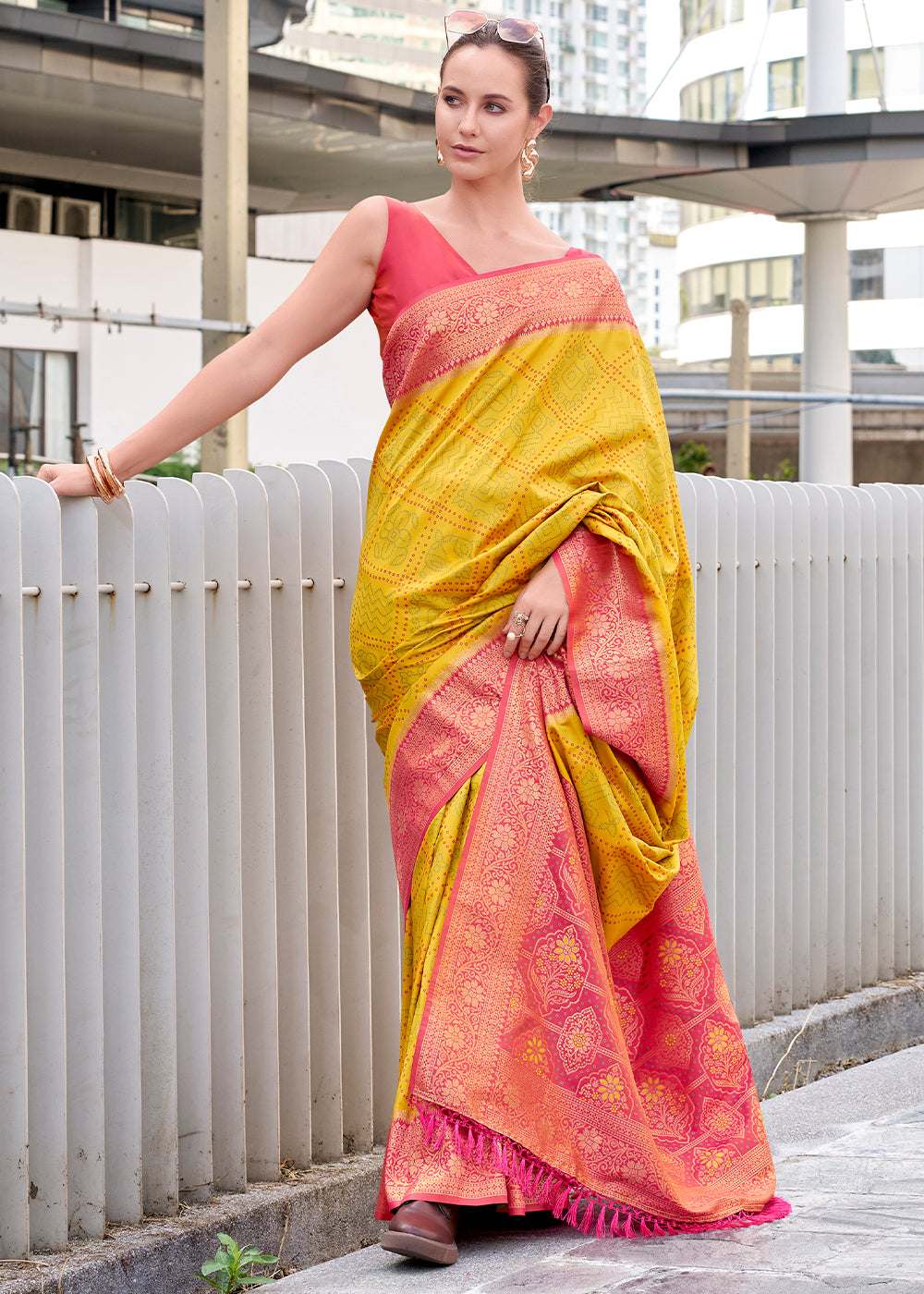 Yellow & Pink Festive Soft Silk Saree with Intricate Bandhani Weave
